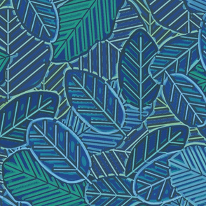 Painted Linocut leaves, Navy blue, 24 inch