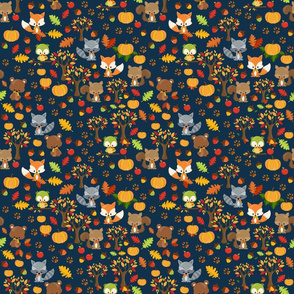 Autumn Animals On Navy Blue Small