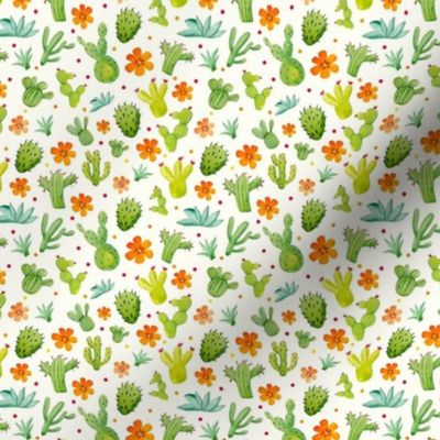 Small Scale Green Cactus Orange Flowers on Ivory