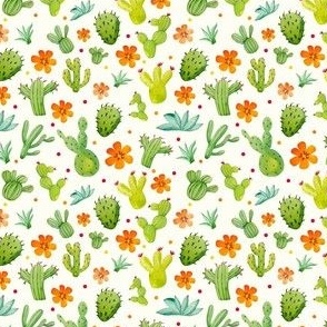Small Scale Green Cactus Orange Flowers on Ivory