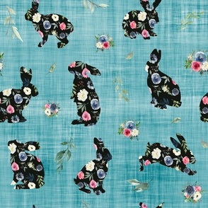 black floral bunny teal linen