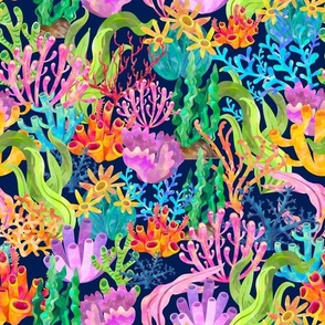 Large Scale Watercolor Coral on Dark Navy