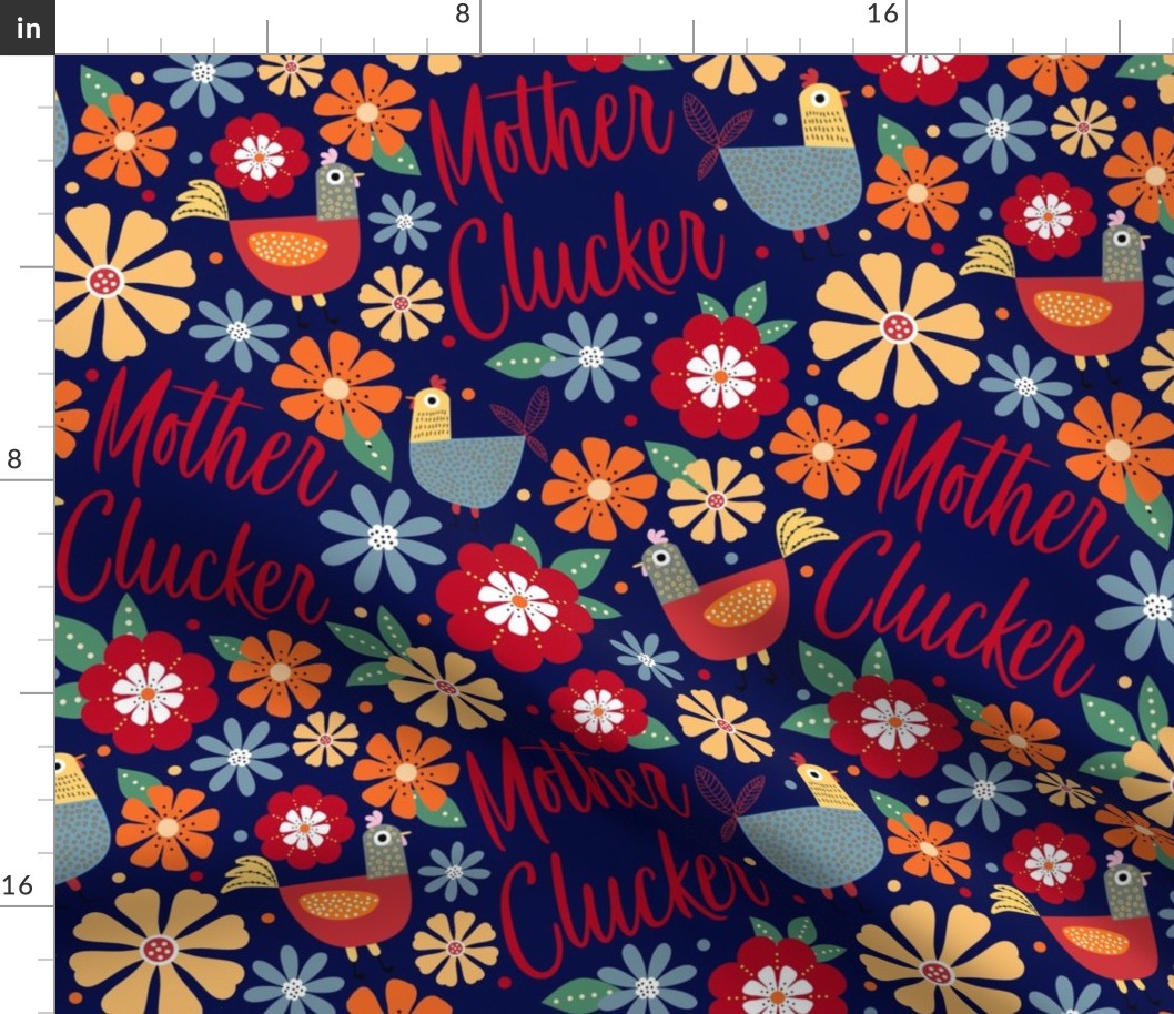 Large Scale Mother Clucker Chicken Mom Floral Hens on Navy