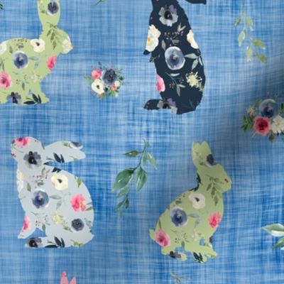 mix floral bunny blue linen 