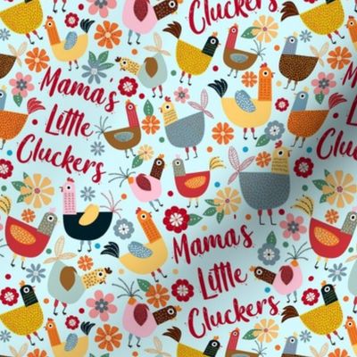 Medium Scale Mama's Little Cluckers Chicken Mom Humor on Light Blue