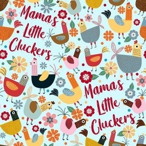 Medium Scale Mama's Little Cluckers Chicken Mom Humor on Light Blue