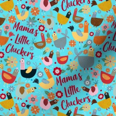 Medium Scale Mama's Little Cluckers Chicken Mom Humor on Bright Blue