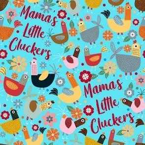 Medium Scale Mama's Little Cluckers Chicken Mom Humor on Bright Blue