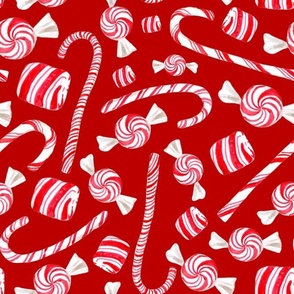 Large Scale Peppermint Christmas Candy Canes on Red