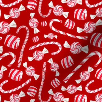 Medium Scale Peppermint Christmas Candy Canes on Red