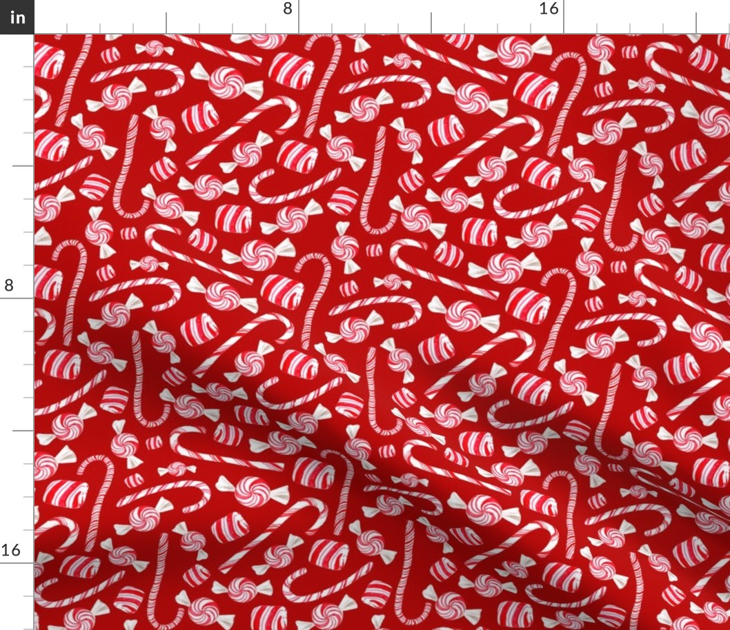 Medium Scale Peppermint Christmas Candy Canes on Red