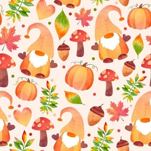 Large Scale Pumpkin Gnomes and Fall Leaves on Light Background