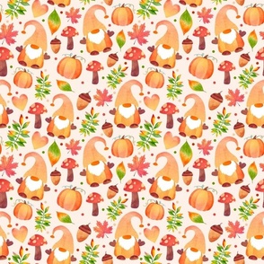 Medium Scale Pumpkin Gnomes and Fall Leaves on Light Background