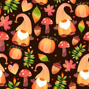 Large Scale Pumpkin Gnomes and Fall Leaves on Dark Background