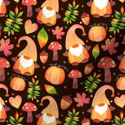 Medium Scale Pumpkin Gnomes and Fall Leaves on Dark Background