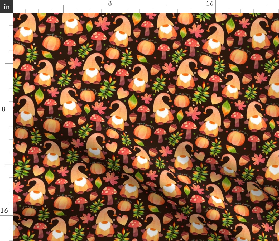 Medium Scale Pumpkin Gnomes and Fall Leaves on Dark Background