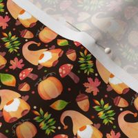 Small Scale Pumpkin Gnomes and Fall Leaves on Dark Background