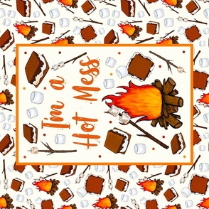 Large 27x18 Fat Quarter Panel I'm a Hot Mess Funny Campfire Smores for Wall Hanging or Tea Towel