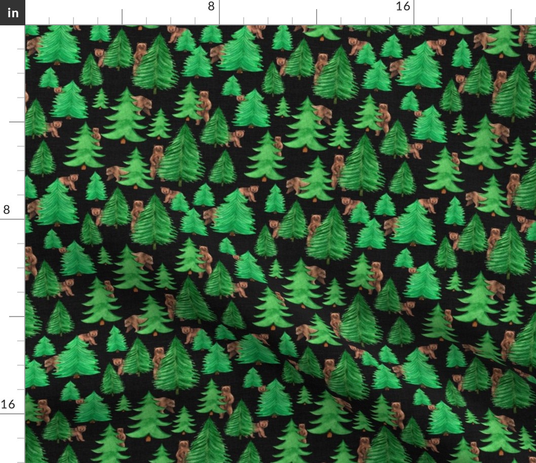Smaller Scale Pine Forest with Brown Bears on Black