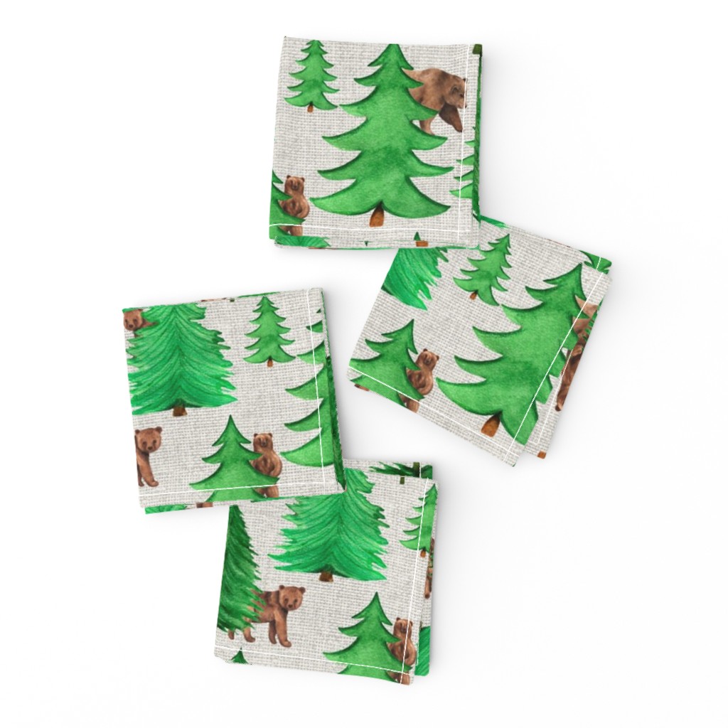 Bigger Scale Pine Forest with Brown Bears on Light Texture Background