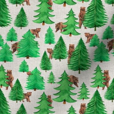 Smaller Scale Pine Forest with Brown Bears on Light Texture Background