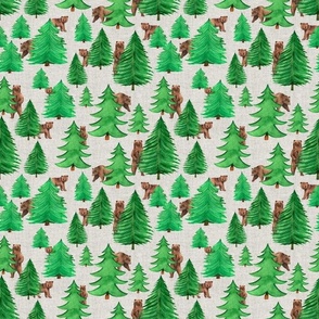 Smaller Scale Pine Forest with Brown Bears on Light Texture Background