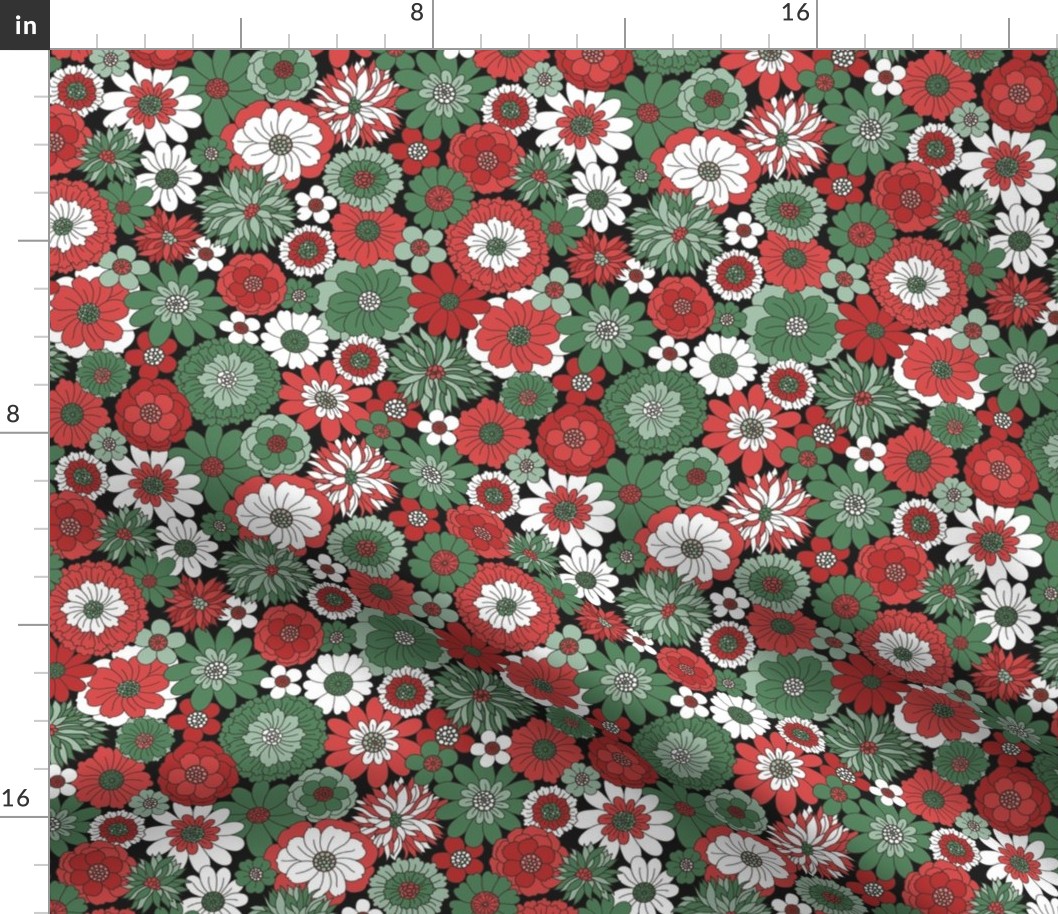 Bessie Retro Floral Christmas Red Green Midnight BG - medium scale