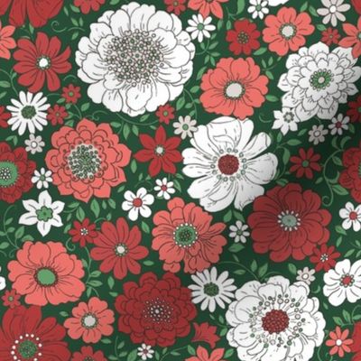 Camilla Retro Floral Christmas Green - medium scale