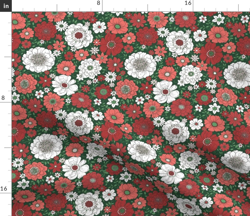 Camilla Retro Floral Christmas Green - medium scale