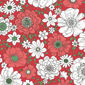 Camilla Retro Floral Christmas Red - extra large scale