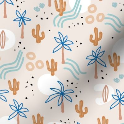 Tropical summer  Hawaii island vibes palm trees cacti desert sun and waterfalls retro mid-century style blush blue rust on beige