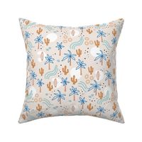 Tropical summer  Hawaii island vibes palm trees cacti desert sun and waterfalls retro mid-century style blush blue rust on beige