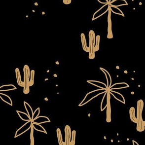 Tropical summer  Hawaii garden palm trees and cacti plants retro boho design kids design gold caramel on black