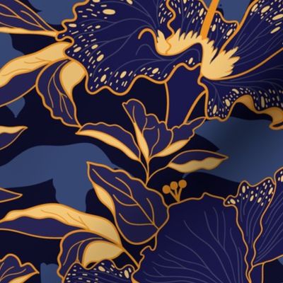 moody tropical hibiscus-moody floral-blue and orange-medium scale