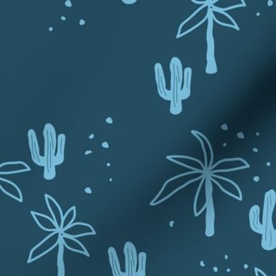 Tropical summer  Hawaii garden palm trees and cacti plants retro boho design kids design blue on navy