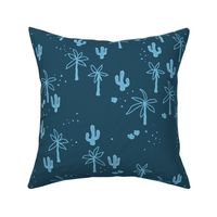 Tropical summer  Hawaii garden palm trees and cacti plants retro boho design kids design blue on navy