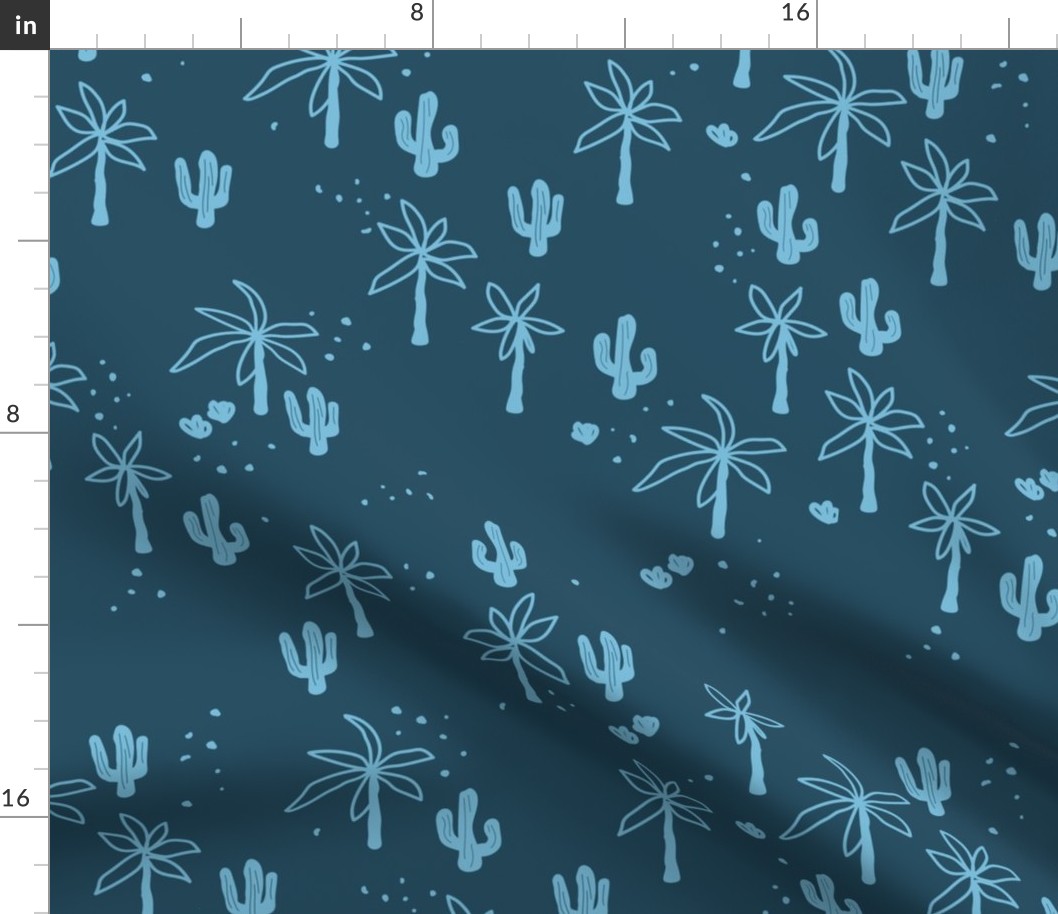 Tropical summer  Hawaii garden palm trees and cacti plants retro boho design kids design blue on navy