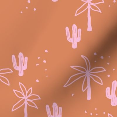Tropical summer  Hawaii garden palm trees and cacti plants retro boho design kids design burnt orange pink girls