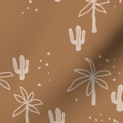 Tropical summer  Hawaii garden palm trees and cacti plants retro boho design kids design caramel brown beige