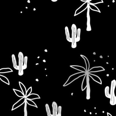 Tropical summer  Hawaii garden palm trees and cacti plants retro boho design kids design monochrome black and white