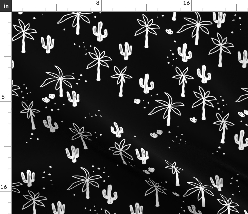 Tropical summer  Hawaii garden palm trees and cacti plants retro boho design kids design monochrome black and white