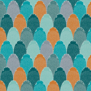 Fish heads scallop pattern orange blue green aqua large