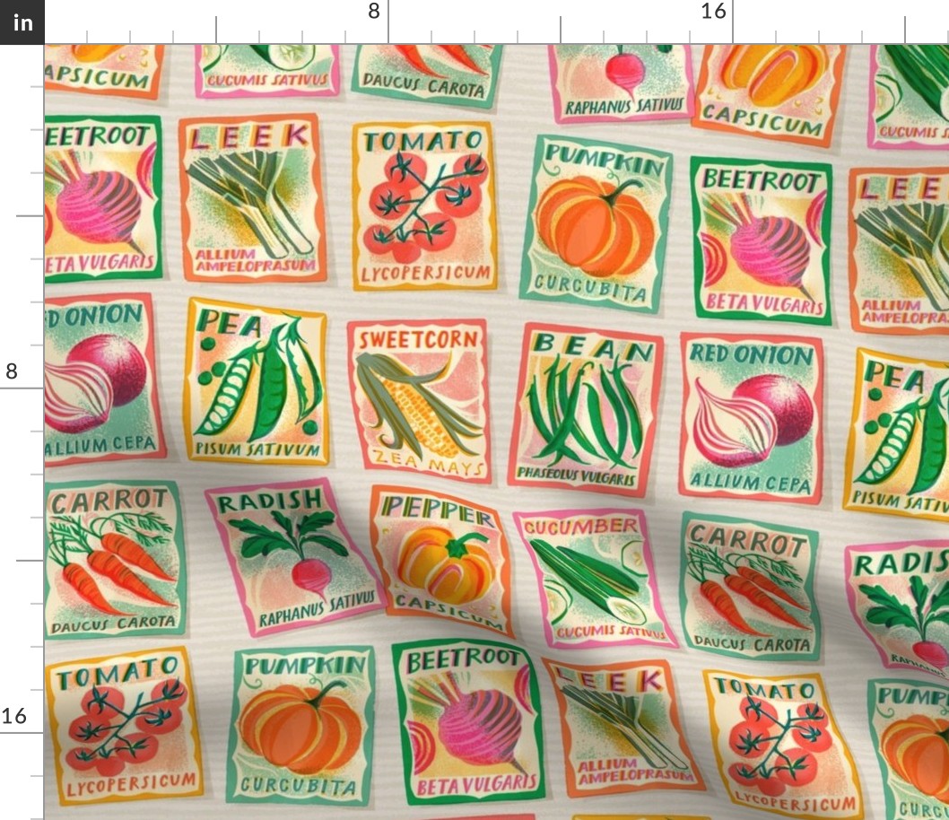 Large scale Vegetable seed packets on ecru background