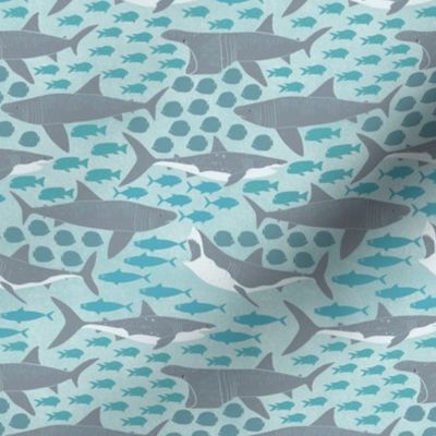 Great white sharks basking sharks with fish light gray with blue small