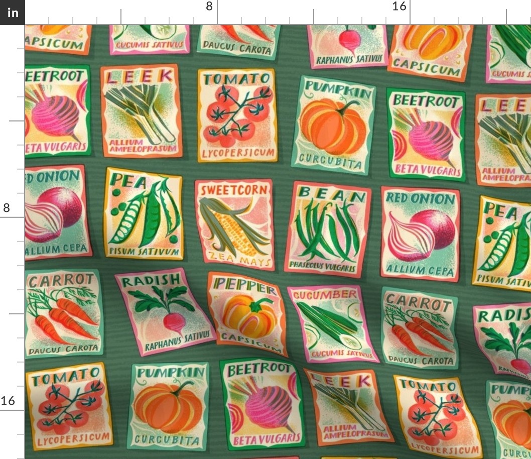 Large scale Vegetable seed packets on dark green background