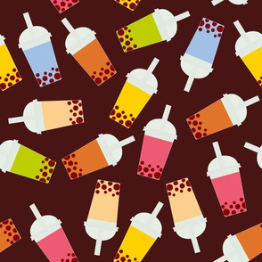 Bubble Tea with fruits and berries. Pastel colors on brown background