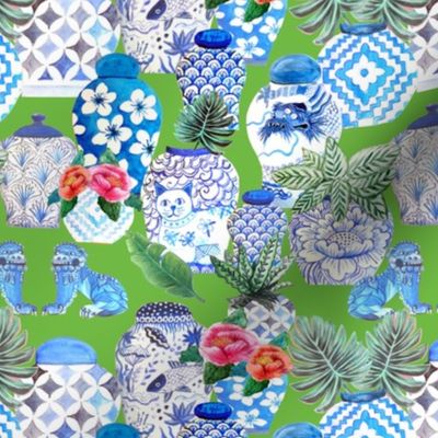 Ginger jars and foo dogs in blue and white on Emerald green