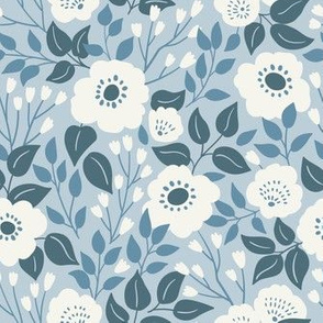 White flowers on blue (large scale)