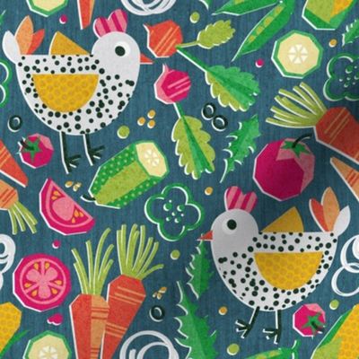 Small scale // Chick and salad from granny’s backyard // teal background white spotted geometric chickens yellow orange and green paper cut geo veggies  