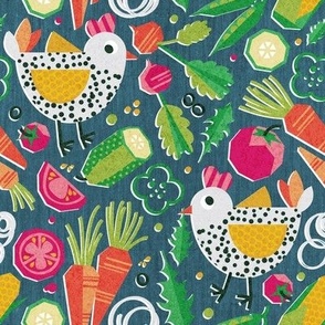Small scale // Chick and salad from granny’s backyard // teal background white spotted geometric chickens yellow orange and green paper cut geo veggies  